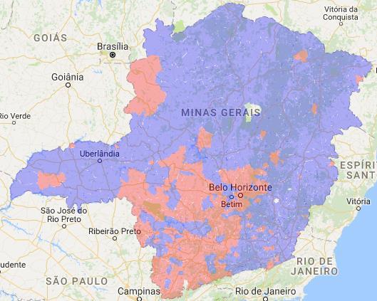 Por exemplo vejamos onde Dilma venceu (azul), ou perdeu (vermelho) de Aécio no Rio de Janeiro e em Minas Gerais: E também se
