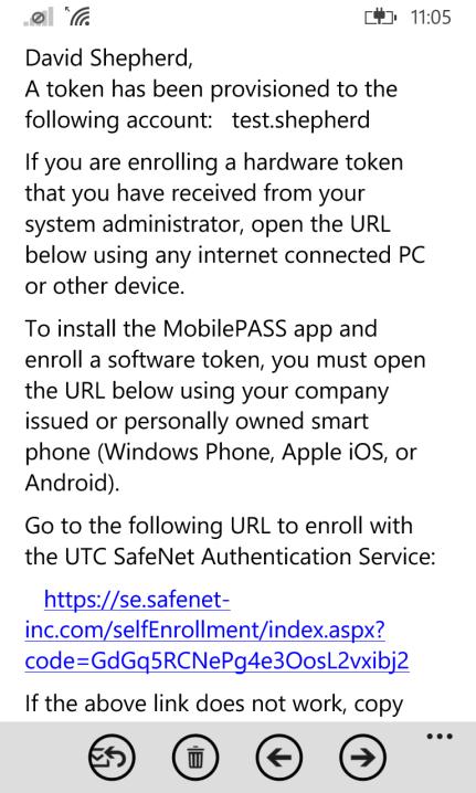 Registo de Token de Software: SafeNet MobilePASS para Windows Phone Passo 1: Abrir o e-mail de Registo Automático a. Abra o e-mail de Registo Automático no seu Windows Phone.