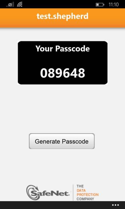 Toque no botão Generate Passcode para criar um novo código de acesso. Passo 9: Autenticação com os tokens SafeNet a. No campo Username (ou UserID), introduza o seu ID de Utilizador SafeNet.