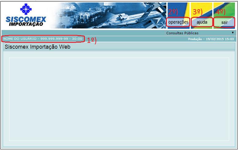 Depois de efetuado o processo de login, o usuário é levado até a tela inicial do sistema de fato, que conta fundamentalmente com: 1º) Informações Gerais; 2º) Menu Operações; 3º) Menu Ajuda; 4º) Opção