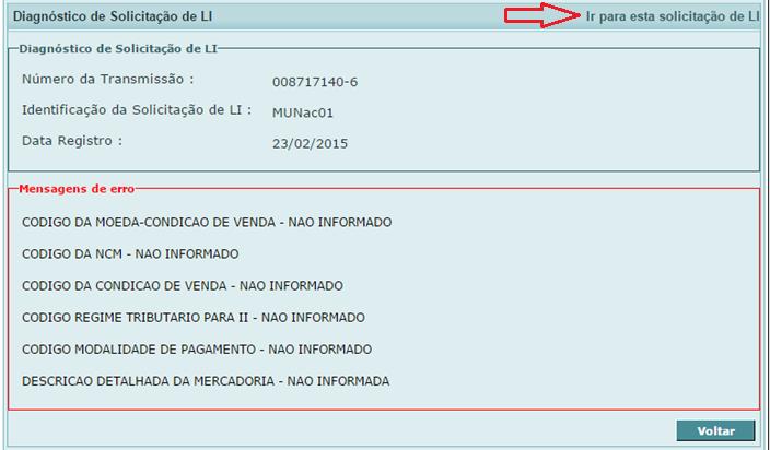 botão Diagnóstico abre uma nova tela explicitando os motivos (erros) que não permitiram o registro da LI: