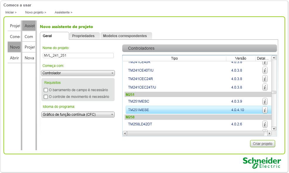 Criando um novo projeto Crie um novo projeto, selecione o controlador