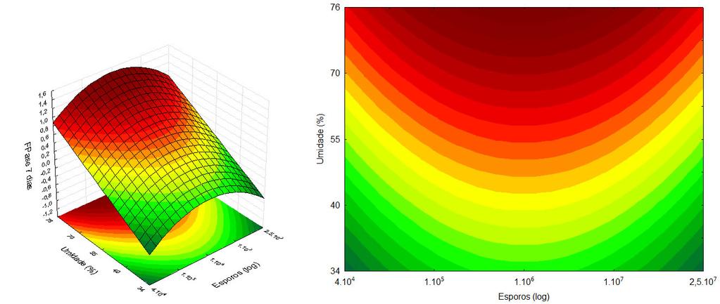 Figura 01.3: Superfícies de resposta e curvas de contorno em função da concentração de esporos e umidade para bioprodução de FPase (U/g).