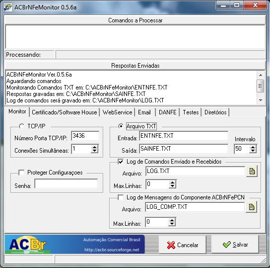 Na aba Monitor ao invés da opção padrão TCP/IP, escolha a opção Arquivo TXT. Nos campos Entrada e Saída certifique-se de que os nomes dos arquivos que estão configurados sejam ENTNFE.TXT e SAINFE.