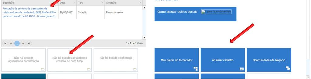 Atualizar cadastro, Cotação em andamento, Processos