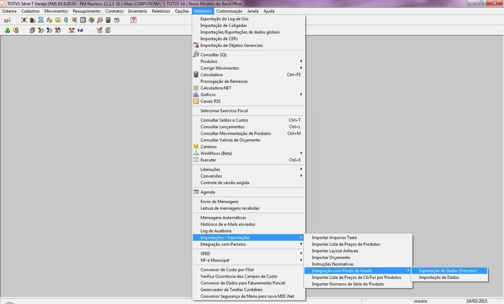 1.5 Exportação de Dados Integração Ponto de Venda Antes da Migração Antes da migração, para fazer a exportação de dados da Integração com Ponto de Venda, era necessário acessar o TOTVS Gestão de