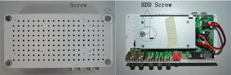 3 Instalação do HD 2,5 e Pendrive Instalando o HDD (Pule este passo se não for precisar de armazenamento): Remova os parafusos que fixam a tampa do DVR. Desparafuse e remova o protetor do HD.