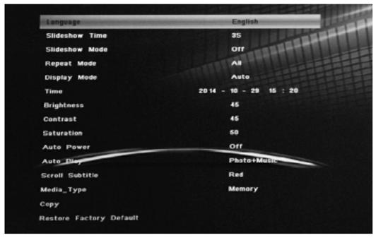 Menu de Configuração Idioma: Tempo de apresentação de diapositivos: Modo de apresentação de diapositivos: Modo Repetir: Modo de