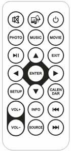 Controlos POWER MUTE SOURCE CALENDAR PHOTO MUSIC MOVIE ENTER VOL+/VOL INFO Ligar / desligar.