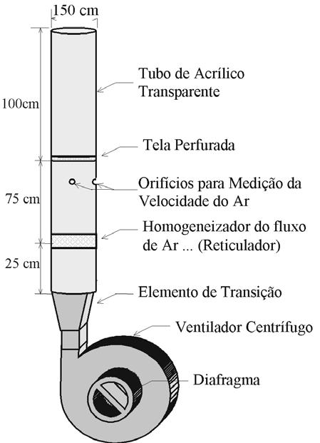 Influência do teor de umidade na velocidade... 145 FIGURA 1. Desenho esquemático do equipamento utilizado para a determinação da velocidade terminal dos grãos de sorgo e milheto.