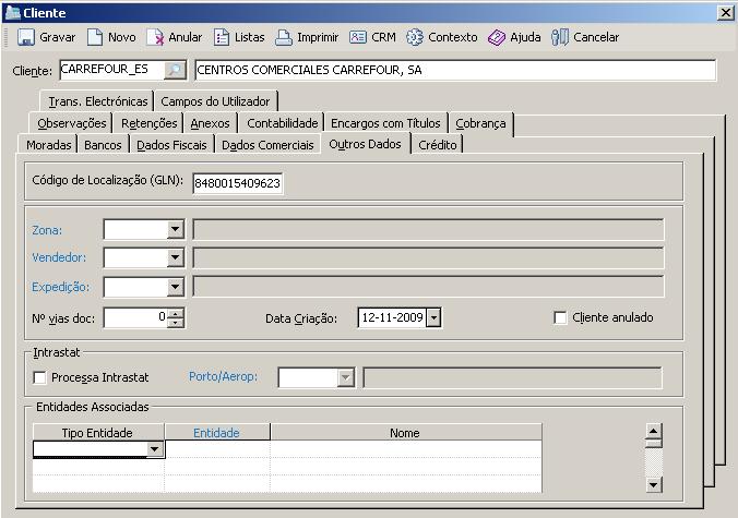 No separador Outros Dados efectuar as parametrizações conforme exemplificado: o Preencher o campo GLN (o mesmo deverá ser acordado com o Carrefour (Espanha)) o Cada um dos GLN s acordados com o