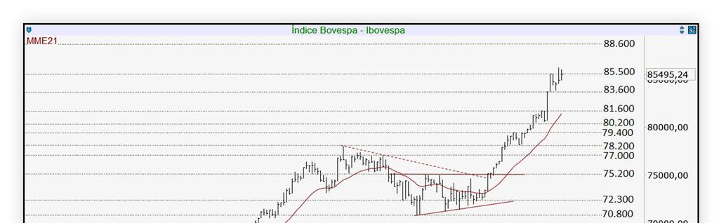 Do lado inferior, em caso de realização de lucros, o índice encontraria um primeiro apoio nos 83.600 e na perda deste, poderia estender a queda até a região dos 81.