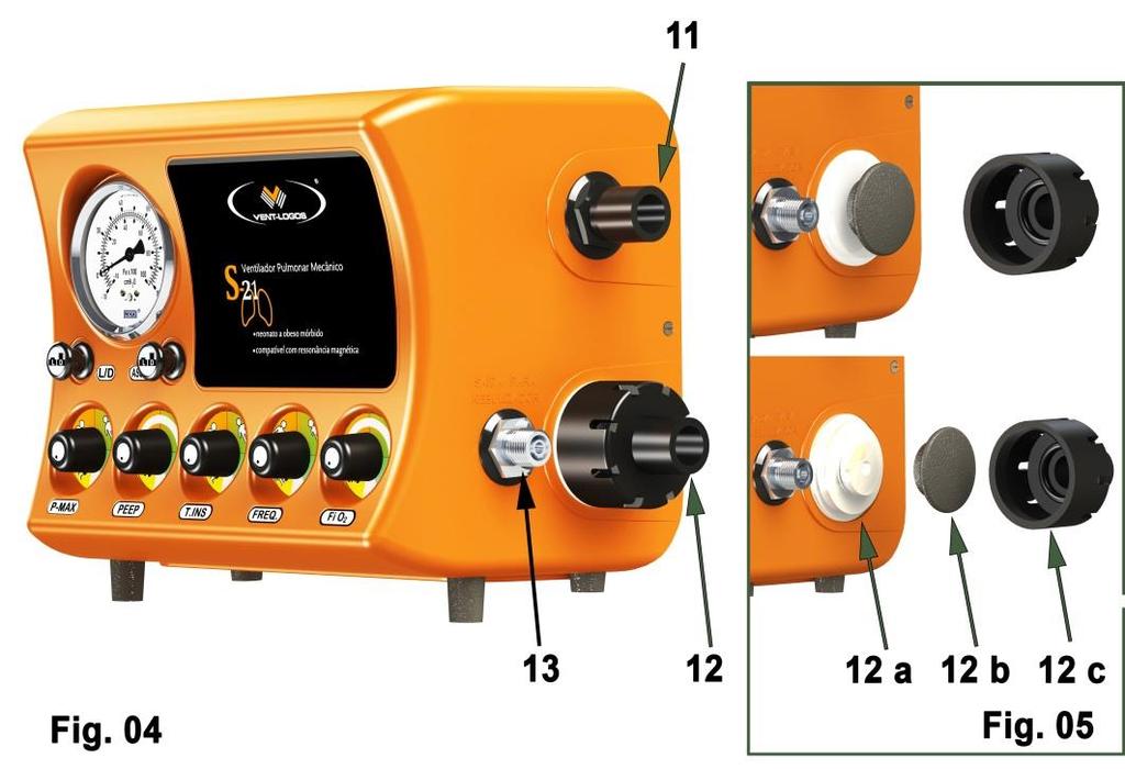 4.3. Vista Lateral Esquerda do Aparelho 11) CONECTOR DA VIA INSPIRATÓRIA: É um conector cônico padrão 15 mm interno (fêmea), e 22 mm externo (macho) (ISO 5356-1), ao qual se conecta a parte