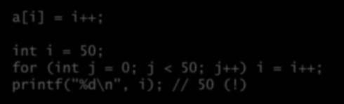 Avaliação de expressões compostas Precedência de operandos: Não determinismo em expressões a[i] = i++; int i = 50; for (int j = 0; j < 50; j++) i = i++; printf("%d\n", i); // 50 (!