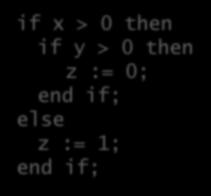 = 17; if ( x == 7 ) { if ( y == 11) { z = 13; w = 2; else z = 17; if x > 0 then if y > 0 then z := 0; end if; else z