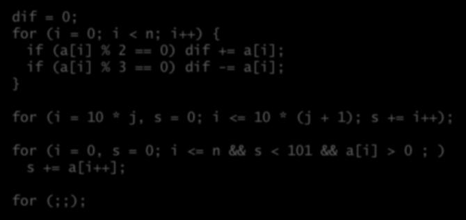Iterativos Número definido de repetições: Em C: dif = 0; for (i = 0; i < n; i++) { if (a[i] % 2 == 0) dif += a[i]; if (a[i] % 3 == 0) dif -= a[i]; for (i = 10 * j, s = 0;