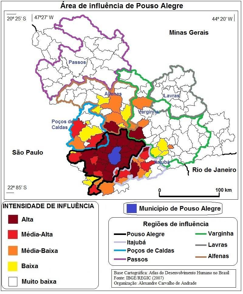 Mapa 1 Área de influência de Pouso Alegre no contexto do Sul de Minas. Fonte: IBGE (REGIC, 2007).