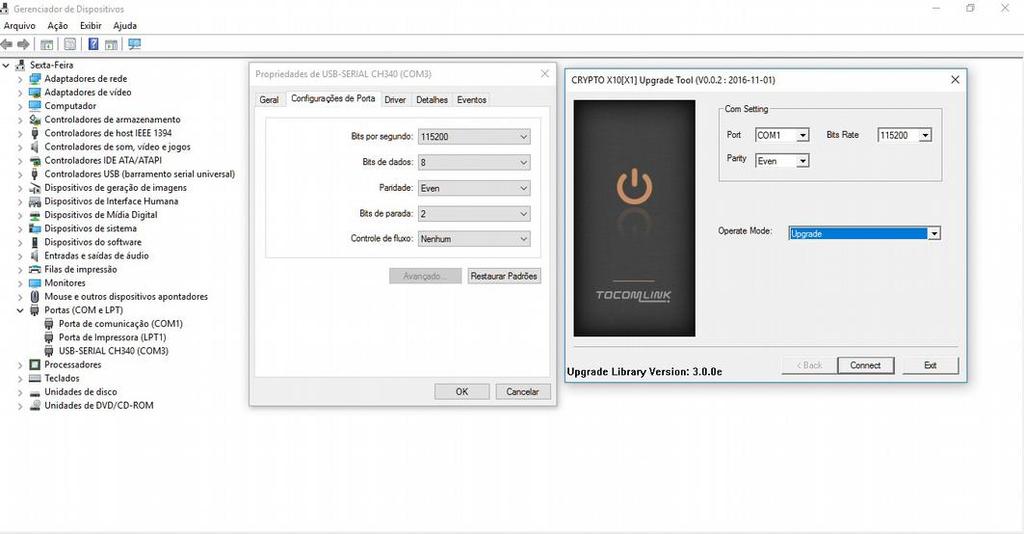 Porta: Configure qual será a porta a ser utilizada; b) Bit Rate: Configure sua porta serial para 115200; c) Parity: Configure sua