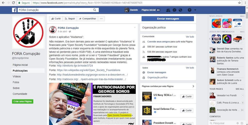 Figura 5 - Postagem na página do Focebook do FORA Corrupção. Fonte: https://www.facebook.