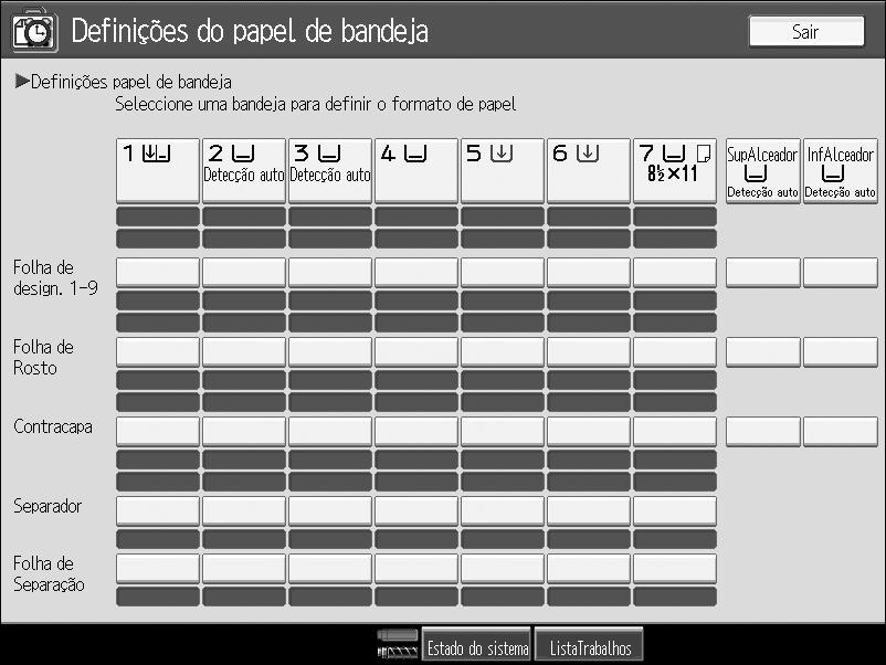 3. Definições do Papel da Bandeja Este capítulo descreve vários itens de {Definições das Bandejas de Papel} disponíveis neste equipamento.