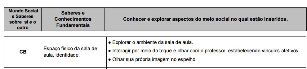 21283 campos de conhecimentos (Mundo Social) e as descrições das ações e saberes e conhecimentos relativos a cada turma (figura 1): Figura 1 - Matriz curricular do Caderno de Orientações.