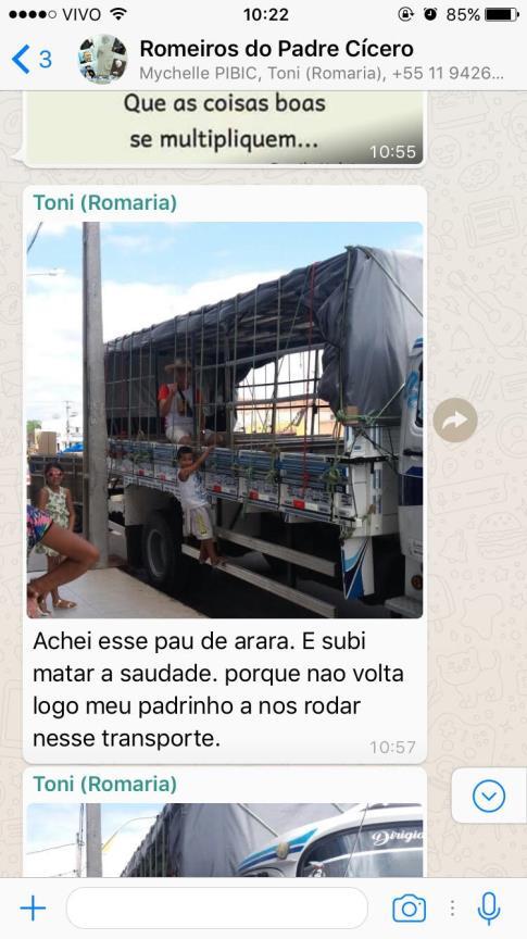 transporte (SIC). Diversas respostas são postadas em resposta à foto, numa delas, um fiel que não acompanha a romaria in loco, usa a imagem para saudar as antigas peregrinações: Eeeita saudades.