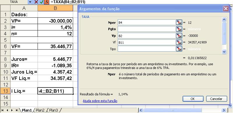 Função Taxa Resultado 26/03/2013 23 Solução pelas fórmulas VF = VP (1 + i) n = 30.000 (1+ 0,014) 12 = 35.446 Juros = 5.
