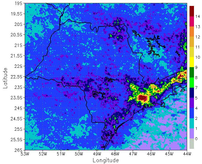 ocorreu mais do que quatro raios por quilometro quadrado por ano.