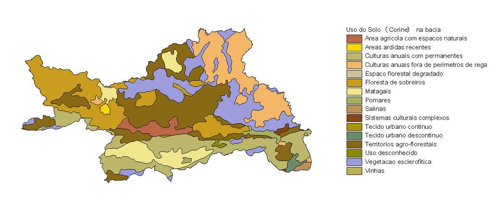 Os solos da bacia hidrográfica não têm ocupação urbana significativa. Na Figura 3 observa-se um extracto carta Corine Land Cover para a área da bacia do Séqua/Gilão.