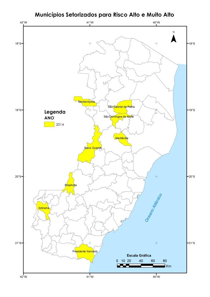 Mapa de todos os municípios setorizados (cor / ano) q 2014 q 10 municípios: Baixo Guandu,