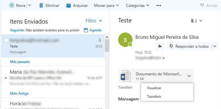 Descarregar um anexo Para descarregar um anexo, clique na opção Transferir () ou no ícone () para abrir o