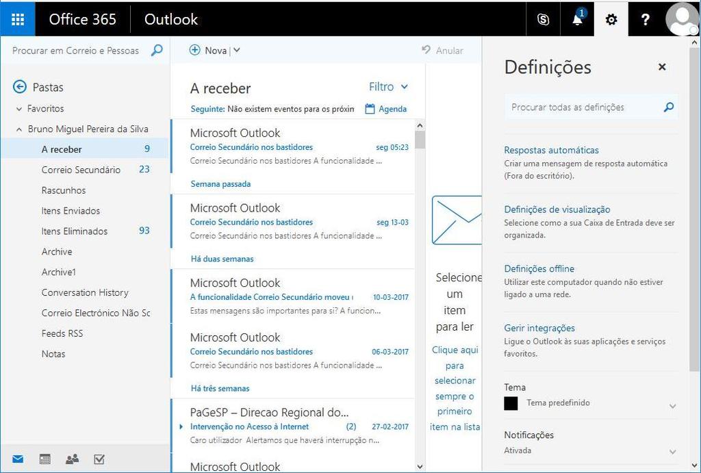 Menu Definições Neste menu estão as opções para a configuração da sua caixa de correio e opções para alteração do visual da vista do Outlook Web. O menu abre-se com o botão com o ícone.