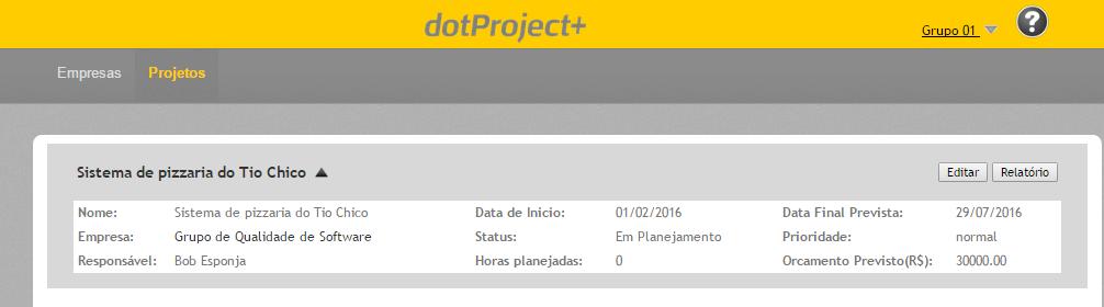 Incluir termo de abertura do Projeto Após autorizar o termo de abertura o status do projeto muda automaticamente para Em Planejamento.