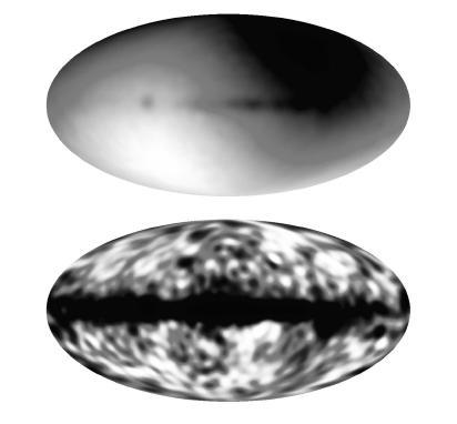 Figure 2: Imagens da flutuação da temperatura como medida pelo satélite COBE e depois da remoção do efeito de dipolo.