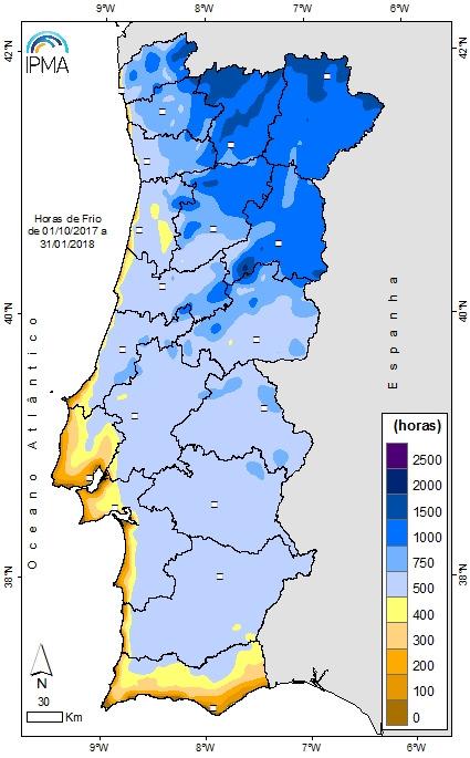 Quadro V - Número de horas de frio entre 01 de outubro de 2017 e 31 de janeiro de 2018 Distrito Valor sede distrito V. Castelo 572 Bragança 1434 Vila Real 1069 Braga 898 Porto/P.