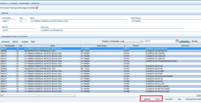 Clique em incluir caso não tenha o produto cadastrado no produtoxfornecedor e alterar se o cadastro já foi feito, porém com o código do fornecedor errado.