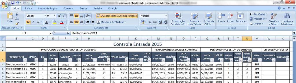 Na planilha de controle