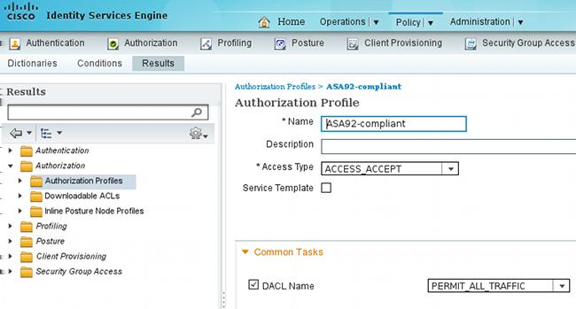 5. Configurar o perfil da autorização nomeado ASA92-compliant, que deve somente retornar o PERMIT_ALL_TRAFFIC nomeado DACL que fornece o acesso direto para os usuários complacentes: 6.