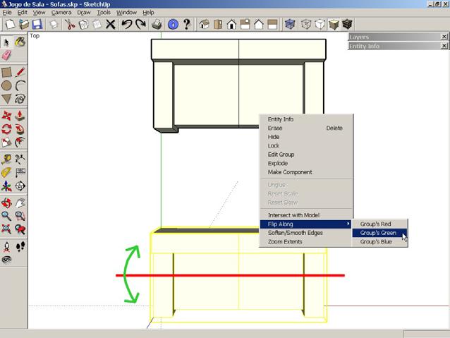 Inicialmente selecione o sofá e depois com o comando MOVE / COPY, faça a cópia do sofá para a parte de cima da tela, bastando para isto, pressionar primeiro a tecla CONTROL (Ctrl).