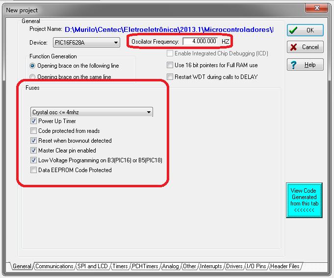 PIC 16F628A Configurando projeto Defina a frequência de