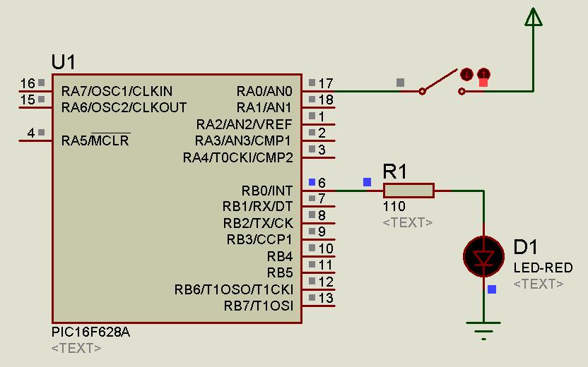 PIC 16F628A Exemplo 04 O exemplo 04 mostra um temporizador que liga e desliga automaticamente o LED quando a chave estiver fechada num tempo