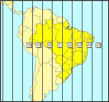 Universal Transverse Mercator Cada fuso apresenta um único sistema plano de coordenadas, com valores que se repetem em todos os fusos.