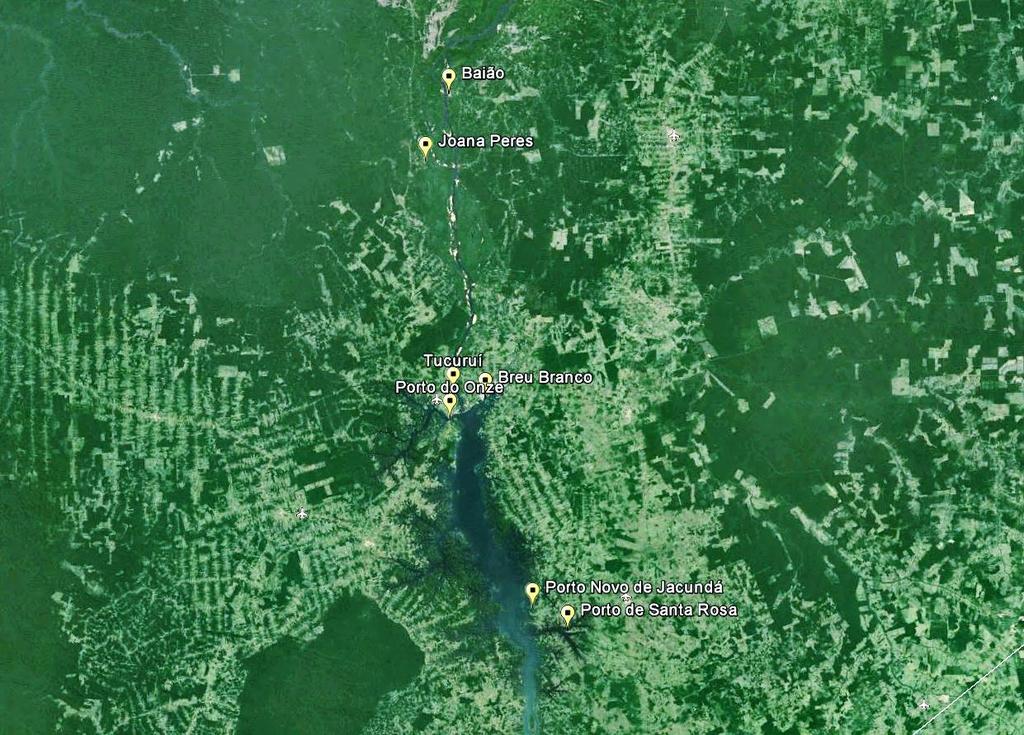 Figura 6. Imagem de satélite (Google Earth) mostrando a área visitada com os principais pontos referidos no texto.