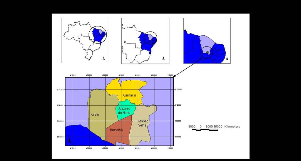 O município de Juazeiro do Norte situa-se na região do Cariri, porção sudeste do estado do Ceará (Figura 01), limitando-se com os municípios de Caririaçu,