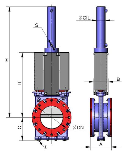 ACCIONAMENTO HIDRÁULICO (pressão de óleo: 135 kg/cm 2 ) B = largura máx. da válvula (sem accionamento). D = altura máx. da válvula (sem accionamento). O accionamento hidráulico é composto pelo seguinte: - Cilindro hidráulico.