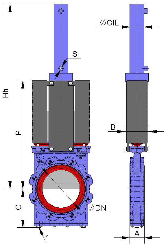 ACCIONAMENTO HIDRÁULICO (Pressão do óleo: 135 Kg/cm 2 ) B = largura máx. da válvula (sem accionamento). P = altura máx. da válvula (sem accionamento). O accionamento hidráulico é composto pelo seguinte: Cilindro hidráulico.