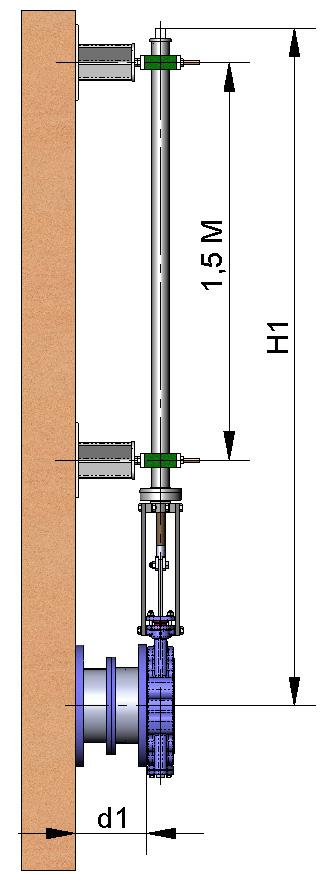 As variáveis de definição são: H1: Distância do eixo da válvula à altura de accionamento desejada. d1: separação desde a parede até ao final do flange de ligação.
