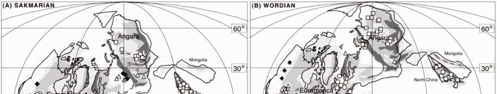 70 Figura 30. Mapa base para o Permiano durante os Estágios do Sakmariano (A) e do Wordiano (B) (Ziegler et al.