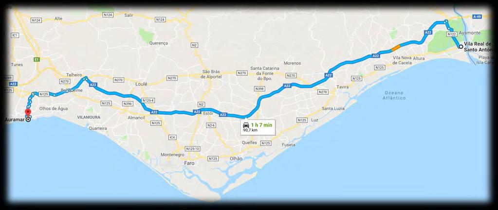 Si vous arrivez par route Frontière de Vila Real Santo António/Ayamonte Suivez A22 à partir de N122 Suivez les A22 à N270 à