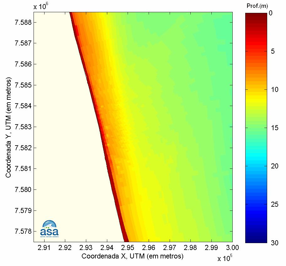 Pág. III-4/16 Modelagem Hidrodinâmica III Estudo de Modelagem da Dispersão da Figura 22 - Destaque da batimetria para a região de implantação do empreendimento (detalhe da Figura 21).